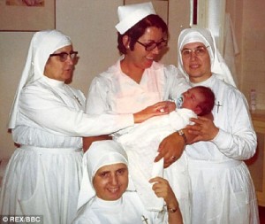Randy Ryder as a baby being cradled in a Malaga hospital in 1971 by the woman who bought him